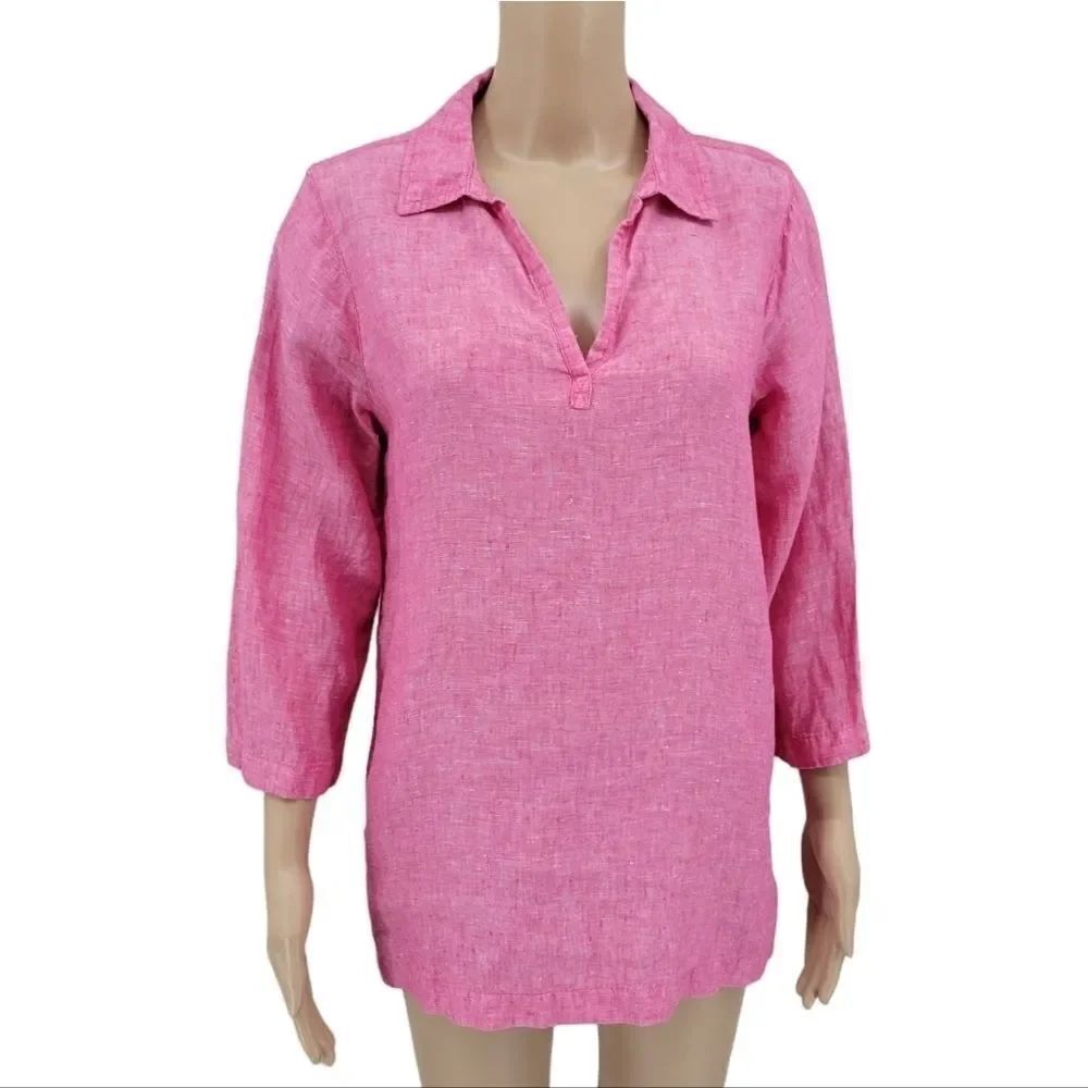 TAHARI Women's Medium Pink Linen Blouse